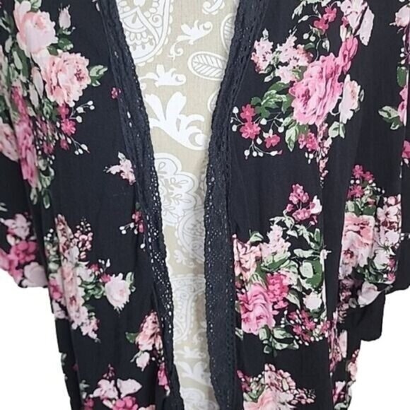 M Fasis Kimono Black Floral Short Sleeve Lace Trim Women's Large - Picture 2 of 5